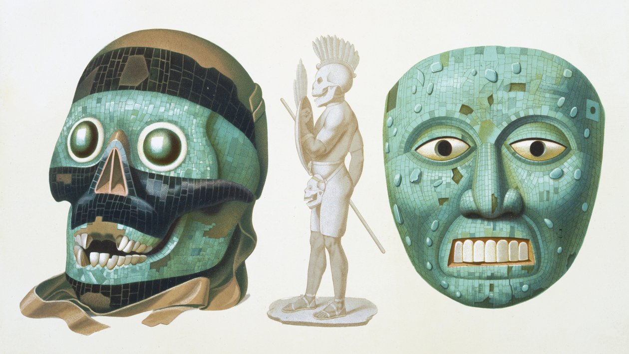 اليسار: قناع جمجمة للإله Tezcatlipoca واليمين: قناع يمثل الإله Quetzalcoatl أو Tonatiuh ، c.1500 ، اللوحة 43 من "آثار المكسيك القديمة" ، نقشها Jehenne ، 1866 بواسطة يوهان فريدريش ماكسيميليان فون فالديك