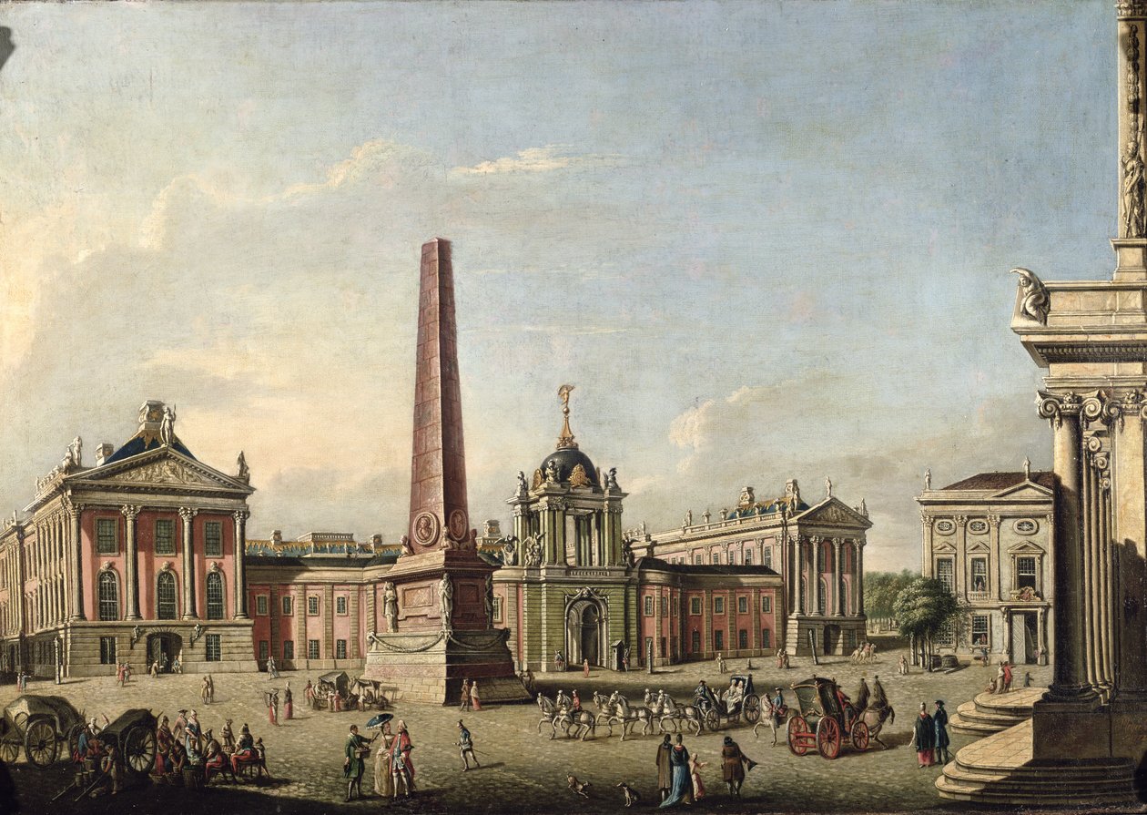 منظر للسوق القديم والبوابة الأمامية لقصر شلوس سانسوسي ، 1773 بواسطة يوهان فريدريش ماير