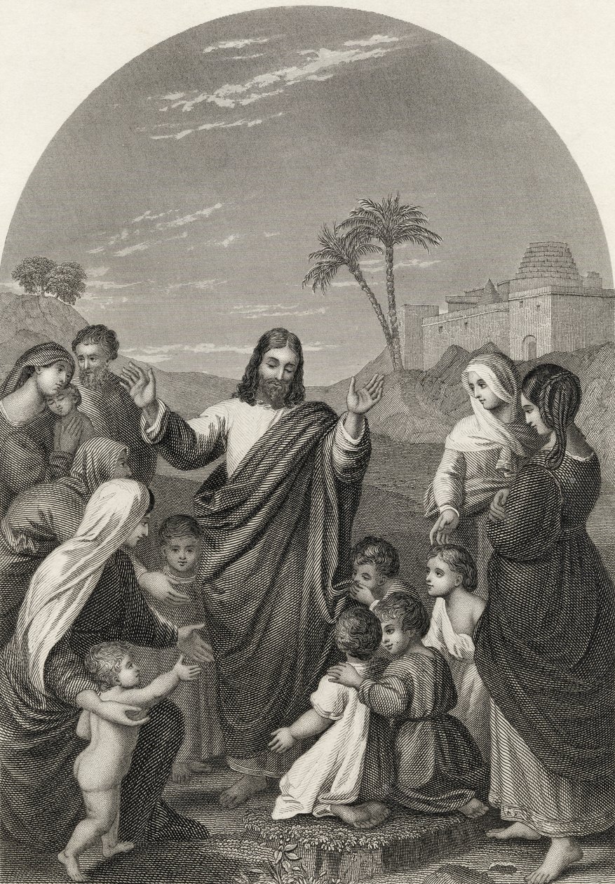 المسيح يبارك الأطفال الصغار ، نقش بواسطة S. Allen ، من "The National Illustrated Family Bible" ، تم نشره عام 1870 بواسطة فريدريك أوفربيك