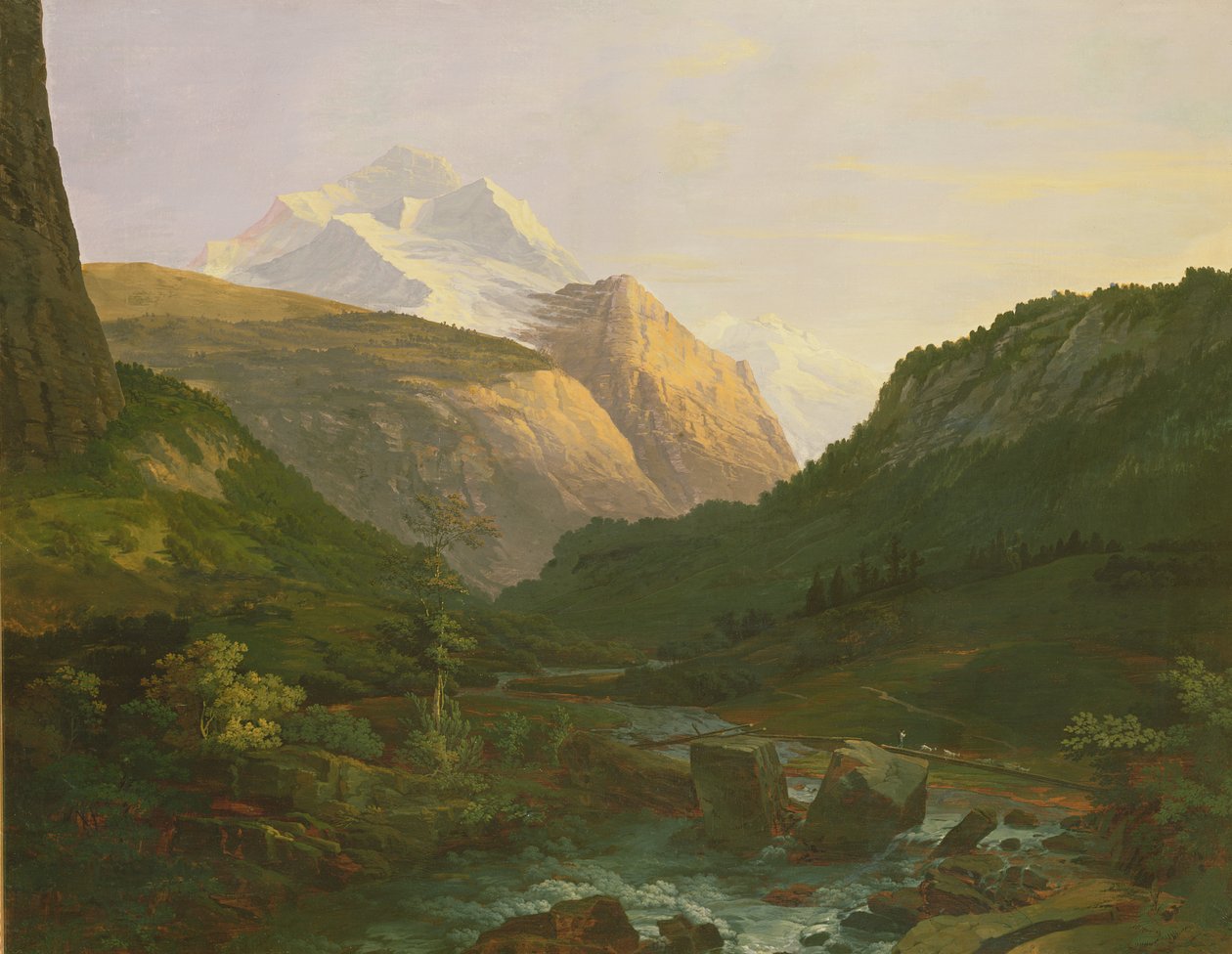 The Jungfrau and the Eiger (زيت وغواش على ورق مرسوم على قماش) بواسطة يوهان جورج فولمار