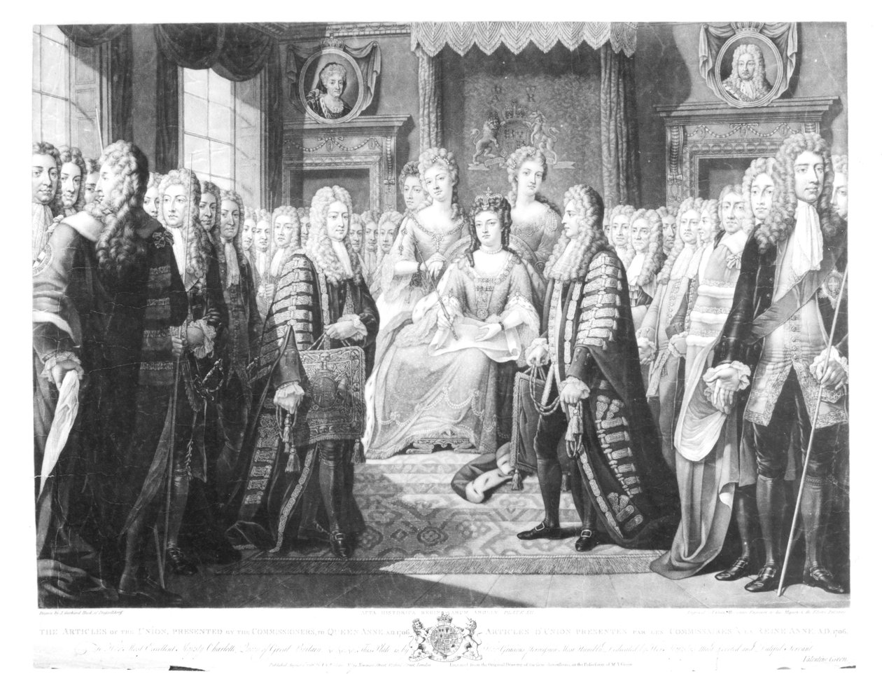 مقالات الاتحاد التي قدمها المفوضون إلى الملكة آن ، 1706 ، اللوحة 12 من "الأعمال التاريخية لملكات إنجلترا" ، منقوشة بواسطة Valentine Green (1739-1813) 1786 (bundw phot بواسطة يوهان جيرهارد هوك