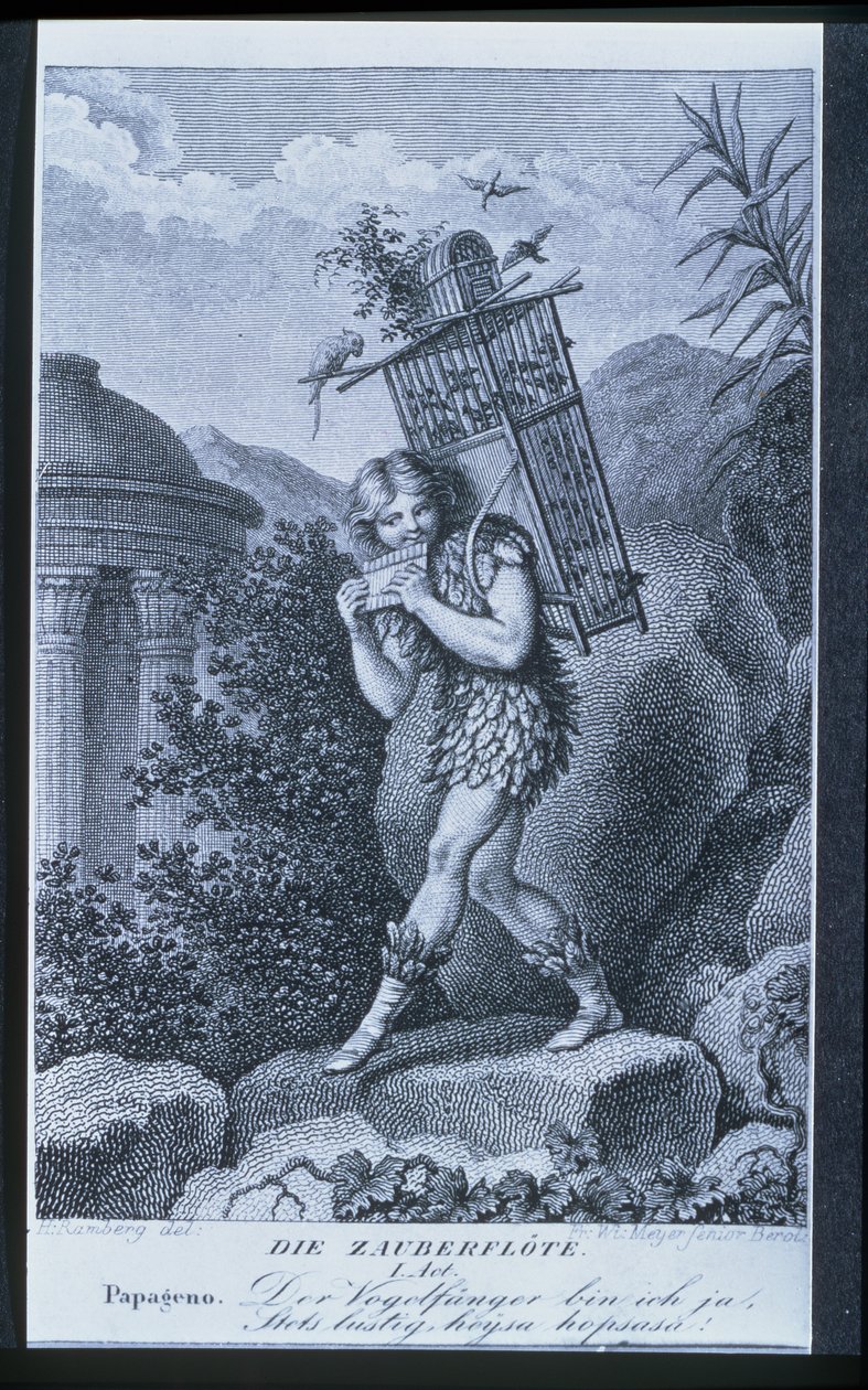 Papageno: أنا صياد الطيور ، نعم! دائما مبتهج ، كمان دي آي ، كمان دي دا! ، القانون الأول من "الناي السحري" بقلم فولفجانج أماديوس موتسارت (1756-91) ، منقوش بواسطة فريدريش فيلهلم ماير سينيور (BC177 بواسطة يوهان هاينريش رامبرغ