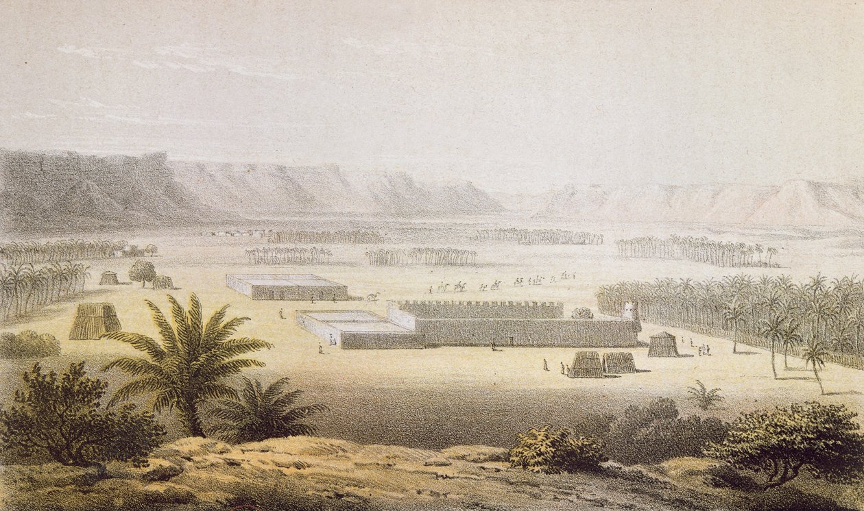 واحة غات ومزارعها في عام 1850 ، من "رحلات واكتشافات في شمال ووسط أفريقيا" بقلم هاينريش بارث ، نقشها J. Woelfjle ، نشر عام 1857 (نقش الألوان) بواسطة يوهان مارتن بيرناتس