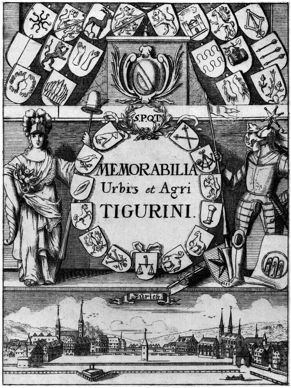 عنوان نحاسي للطبعة الثالثة الموسعة لهانز هاينريش بلونتشليس Memorabilibus Tigurinis عام 1742 بواسطة يوهان ملكيور فوسلي