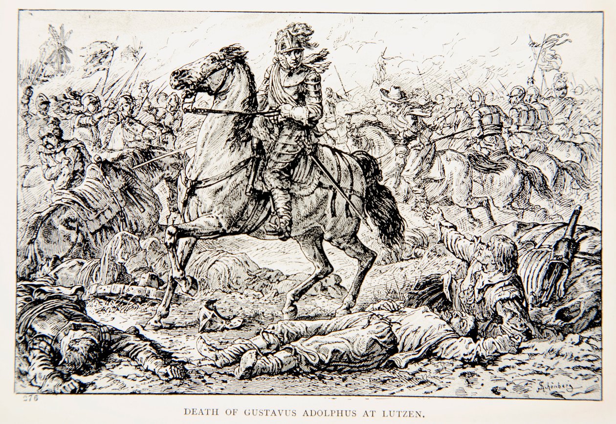 وفاة غوستافوس أدولفوس في لوتسن ، رسم توضيحي من "أسد الشمال: قصة أوقات غوستافوس أدولفوس وحروب الدين" من قبل GA Henty ، حانة. لندن بواسطة يوهان نيبوموك شونبيرج