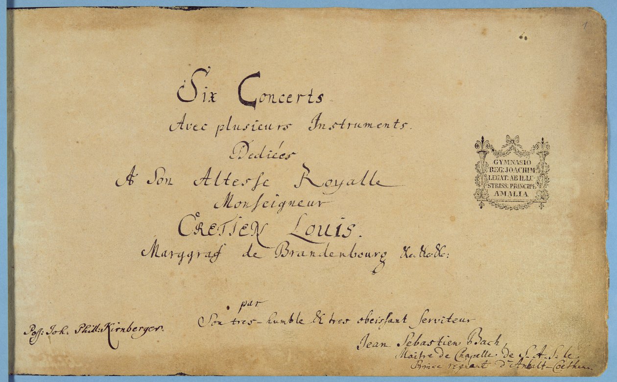 صفحة عنوان "Concertos Brandenburg" ، ج .1721 (قلم وحبر على ورق) (انظر أيضًا 308426 و 308425) بواسطة يوهان سيباستيان باخ