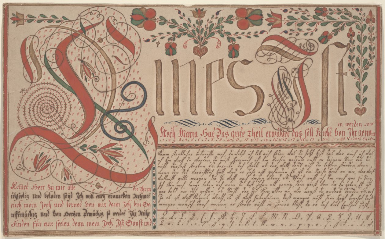 تمرين الكتابة Vorschrift لـ Esther Hadmänn ، قلم طلاء وحبر Fraktur مع مرحاض على ورق بواسطة يوهان آدم إير