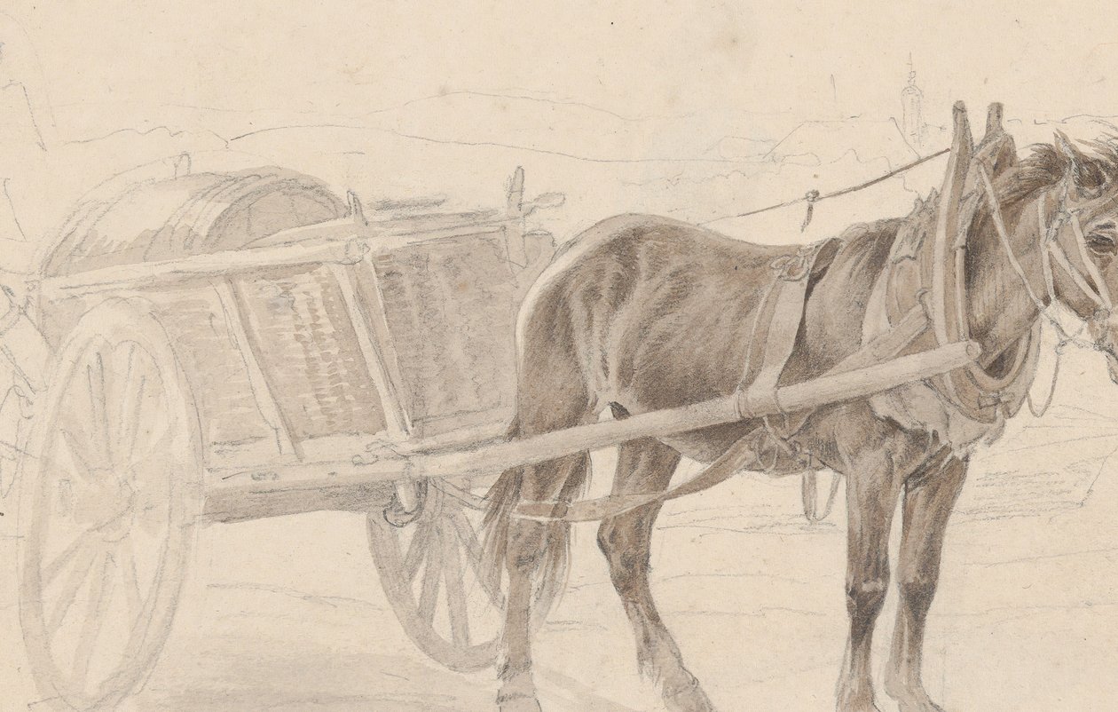 عربة رسمها حصان بني بالقرب من عمود المصباح ، ظهر: مجموعة من الضباط المركبين ، كاليفورنيا. 1815. بواسطة يوهان آدم كلاين