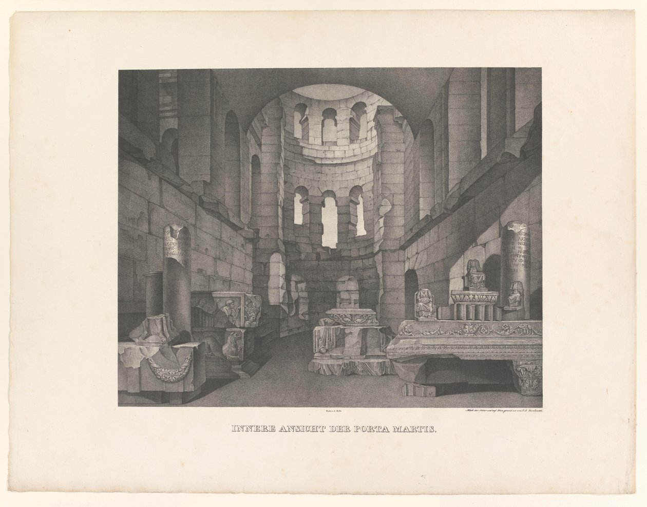 Porta Martis ، يُرى من الداخل Innere Ansicht der Porta Martis (العنوان على الكائن) مناظر للآثار والطبيعة بالقرب من ترير (عنوان السلسلة) Malerische Ansichten werkwürdigsten Alterthümer und vorzüglicher Naturanlagen im Moselthale Bey بواسطة يوهان انطون رامبو