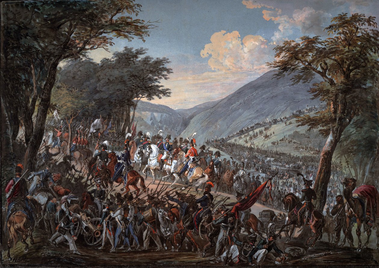 مر الإمبراطور ألكسندر الأول (1777-1825) وحاشيته عبر جبال فوج في يوليو 1815 - هويشل ، يوهان بابتيست (1754-1832) - 1825 - ألوان مائية على الورق - 70،9 × 99،7 - مجموعة خاصة بواسطة يوهان المعمدان Hoechle
