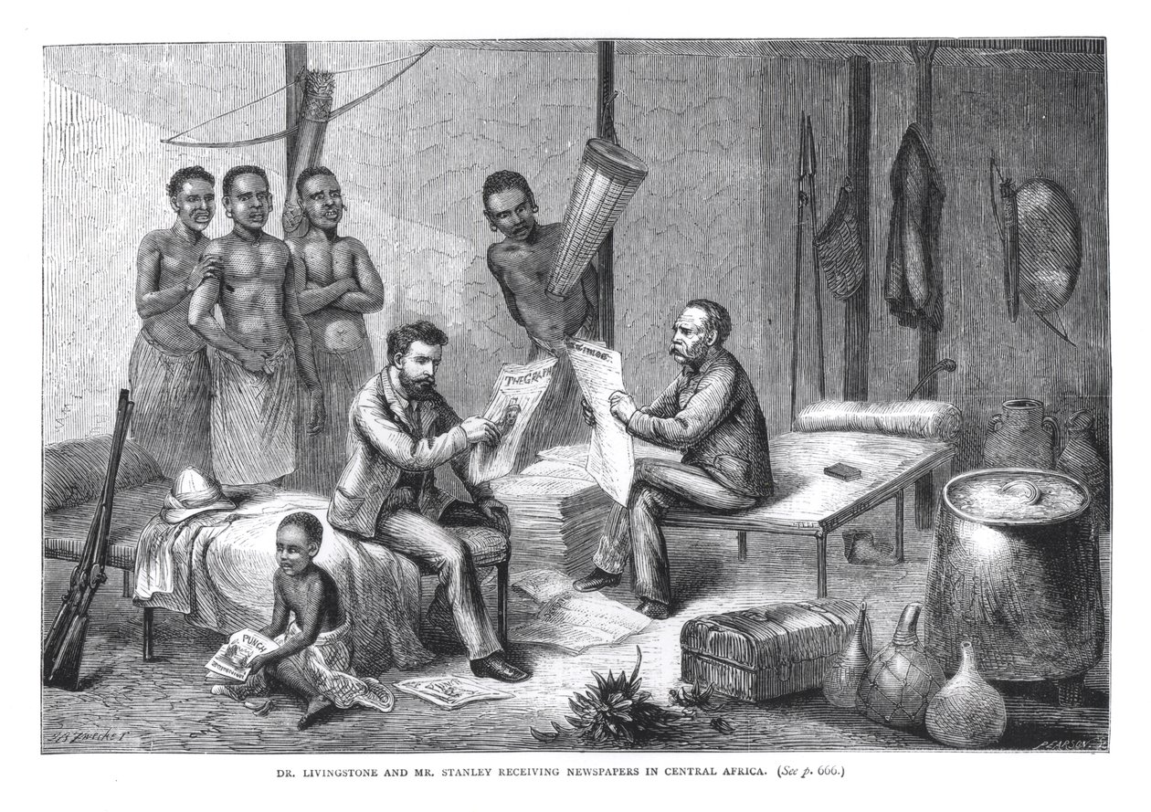 ديفيد ليفينغستون (1813--1873) والسيد هنري مورتون ستانلي (1841-1904) يستقبلان الصحف في وسط أفريقيا ، نقشتهما بيرسون بواسطة يوهان المعمدان زويكر