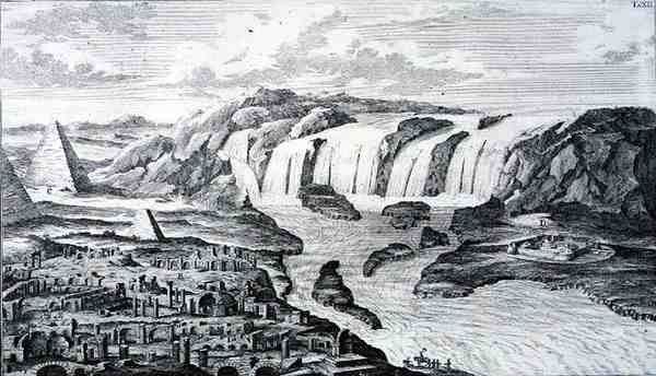 شلال النيل وأطلال طيبة ، مصر ، من "Entwurf einer historyischen Architektur" ، نقش يوهان آدم ديلسنباخ (1687-1765) 1721 (نقش) بواسطة يوهان برنهارد (بعد) فيشر فون إرلاخ