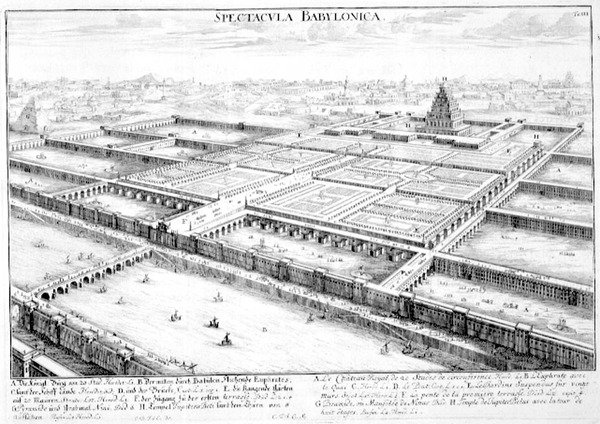 منظر لبابل القديمة يُظهر الحدائق المعلقة ومعبد جوبيتر بيلوس ، اللوحة 3 من "Entwurf einer historyischen Architektur" ، نقش يوهان آدم ديلسنباخ (1687-1765) 1721 (نقش) بواسطة يوهان برنهارد (بعد) فيشر فون إرلاخ