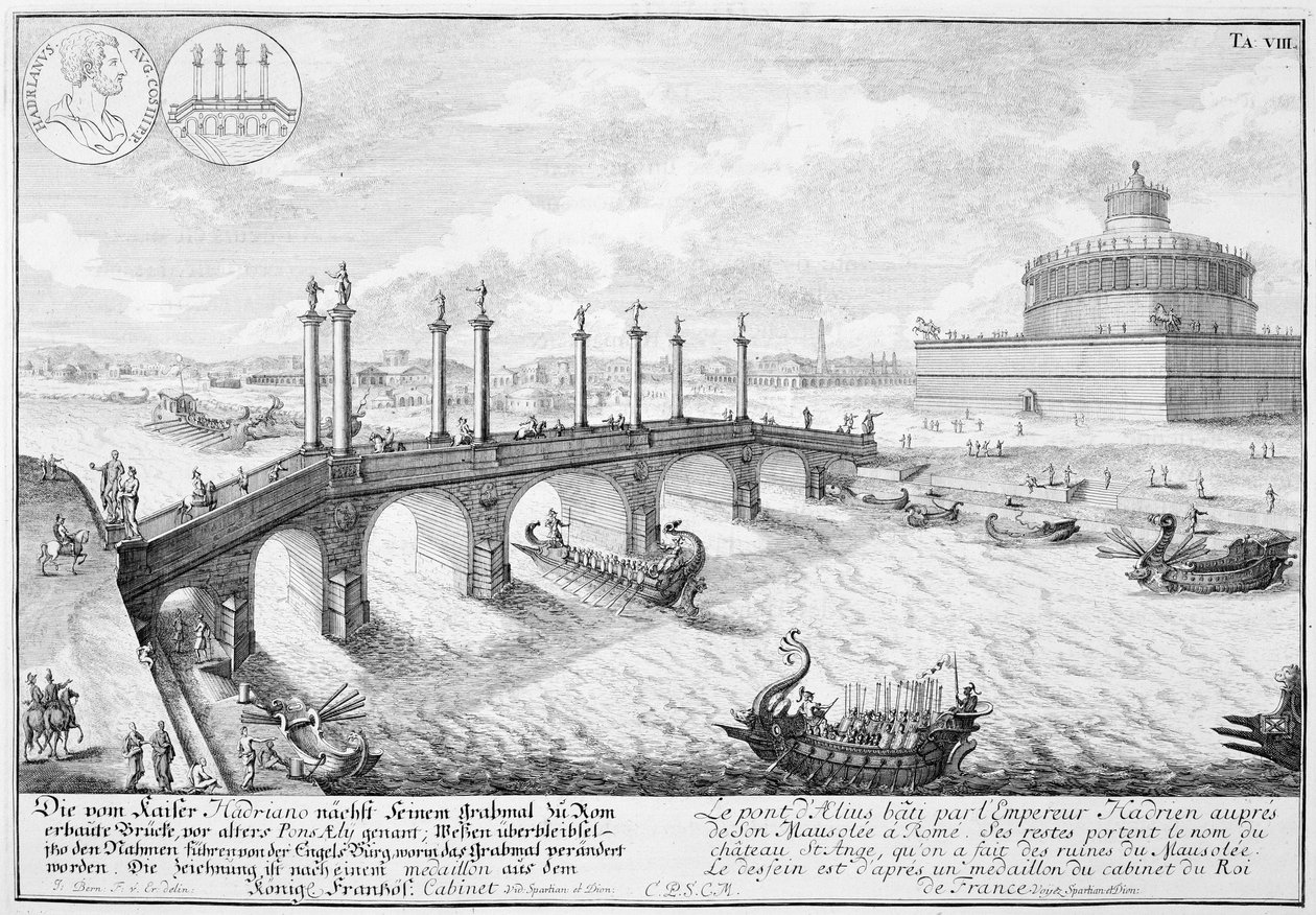 جسر إيليوس وضريح هادريان (كاستل سانت أنجيلو) ، روما ، من "تصميم العمارة التاريخية" ، 1721 بواسطة يوهان برنهارد فيشر من إرلاخ
