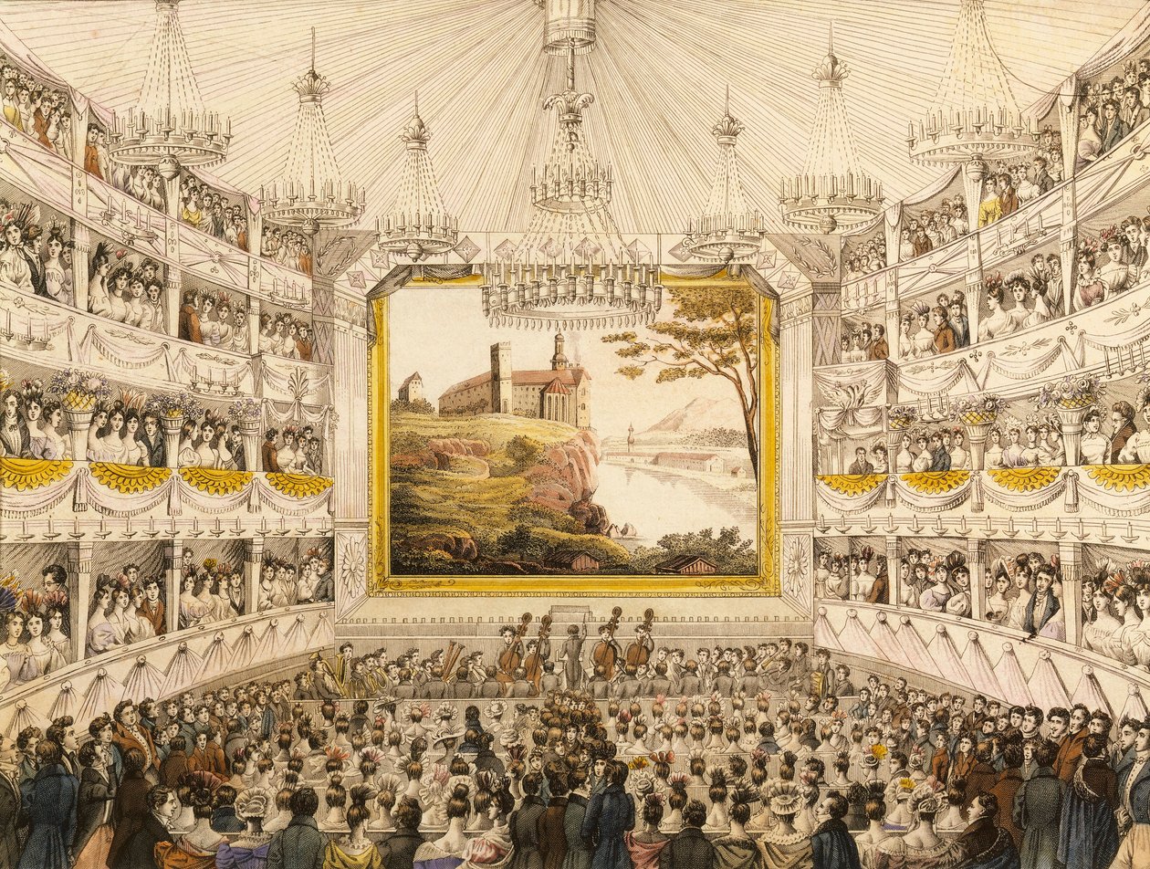 Austria, Vienna, Interior of the Theater an der Wien (Vienna Theater), watercolored print by J.C. Schoeller بواسطة يوهان كريستيان (بعد) شويلر