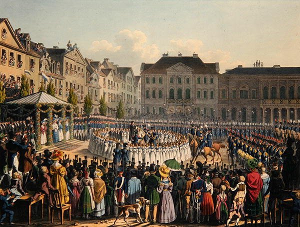 مراسم تكريس العلم لحرس مدينة كاسل عام 1831 (ليثو ملون) بواسطة يوهان كريستيان أرنولد