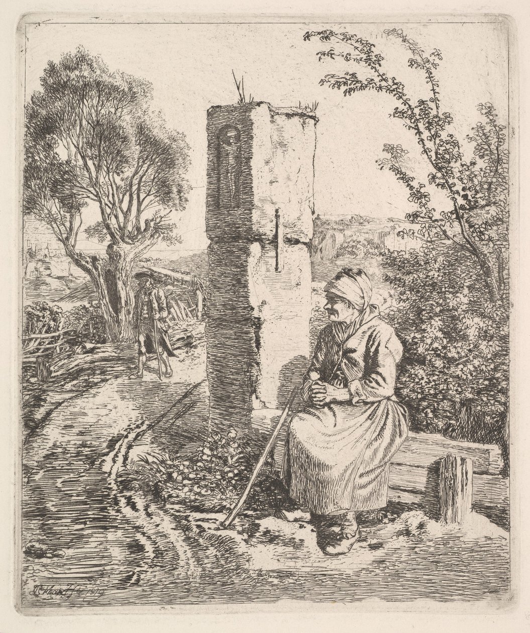 سيدة عجوز تجلس بالقرب من عمود على جانب الطريق ، 1819. بواسطة يوهان كريستيان ارهارد