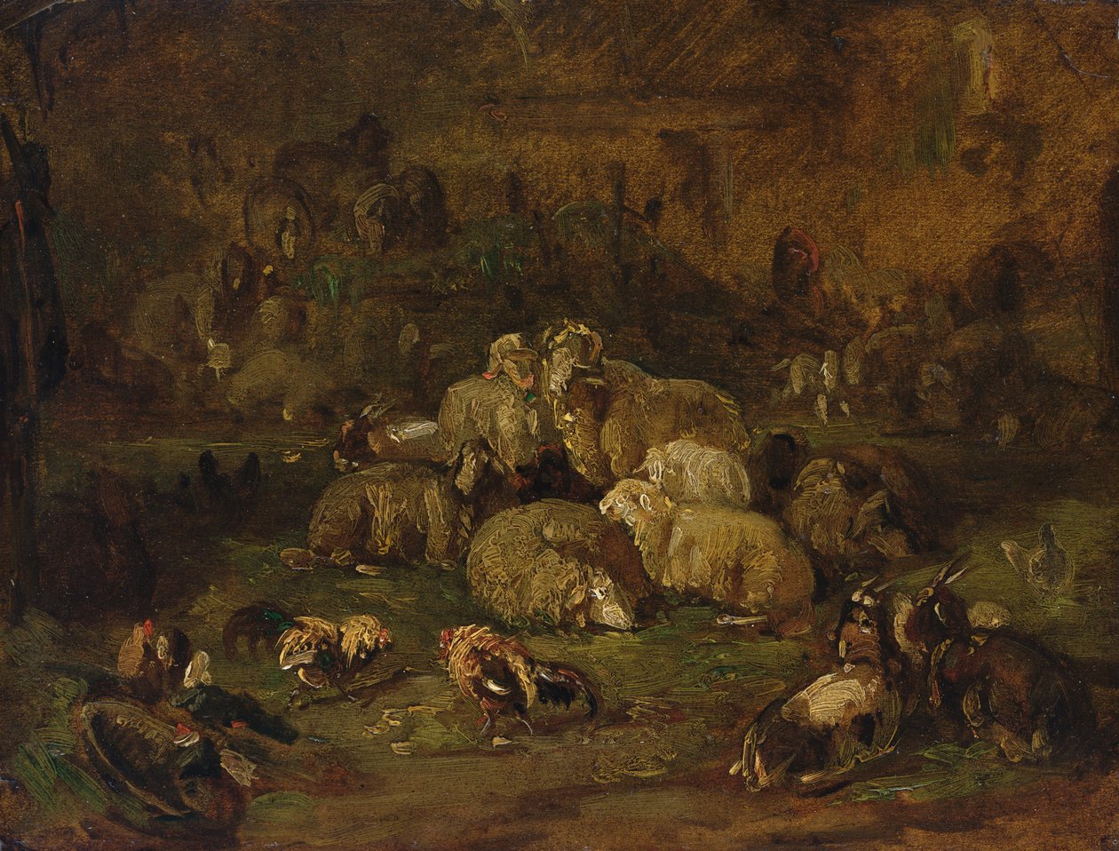 الأغنام والماعز والدجاج (زيت على ورق موضوع على قماش) بواسطة يوهان كريستيان راينهاردت