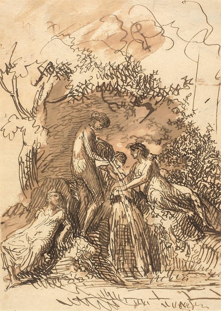 الفتيات الصغيرات في نافورة (وجه الصفحة) ؛ جزء من رسم الساقين (ظهر) بواسطة يوهان كريستيان راينهارت