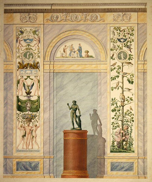 رسم زخرفة الجدار الخلفي لقاعة طعام القصر بكاسل (قلم وألوان مائية على ورق) بواسطة يوهان كونراد بروميس