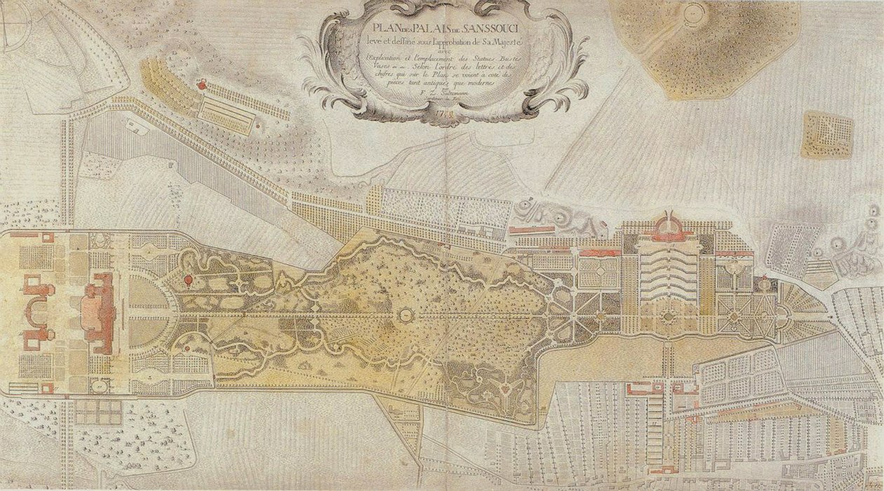 مخطط منتزه فريدريسيان سانسوسي في بوتسدام ، 1772 بواسطة يوهان ديفيد شلين