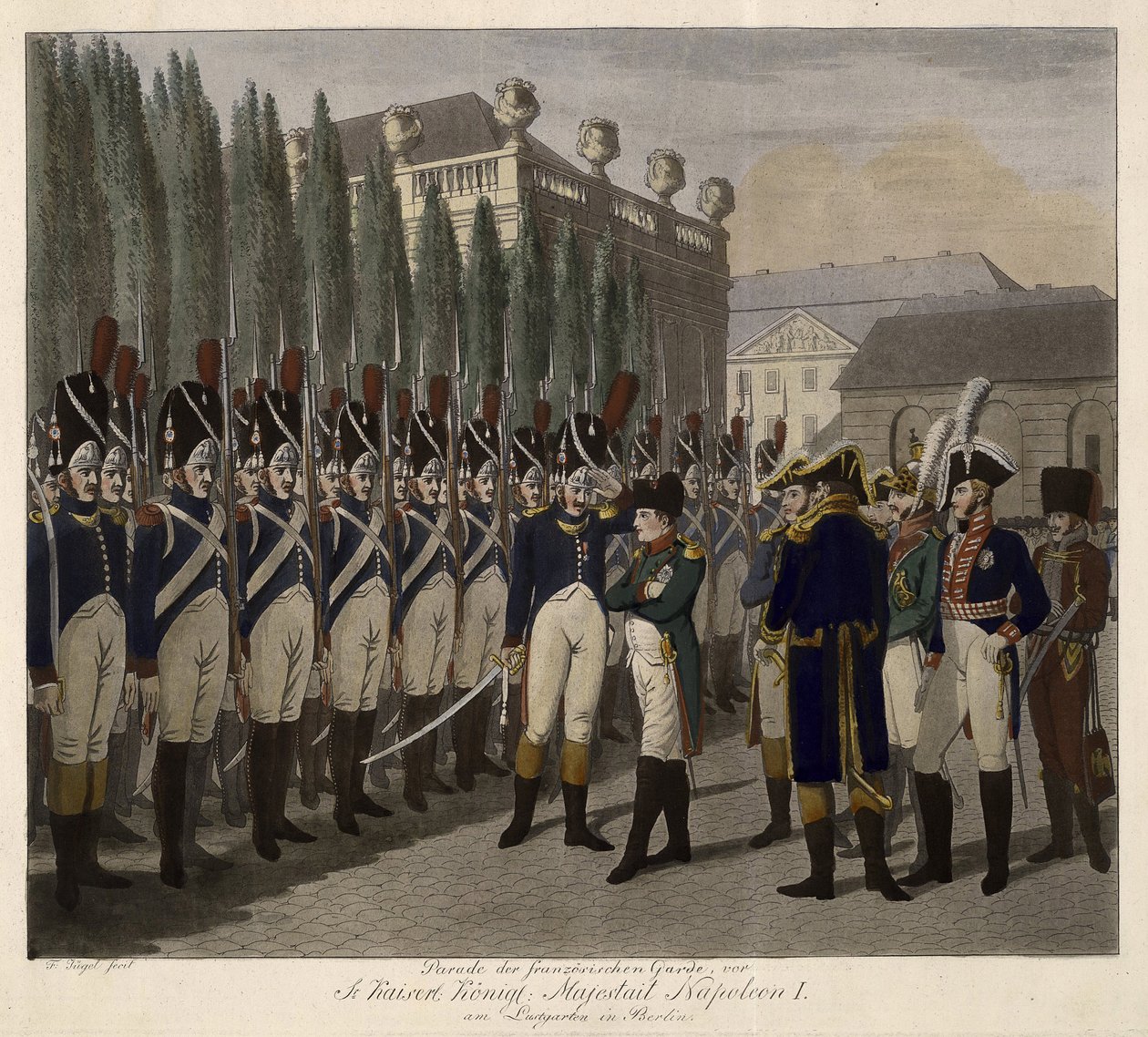 موكب الحرس الفرنسي في لوستجارتن في برلين عام 1806 - جويجل ، يوهان فريدريش (1772-1833) - 1806 - أكواتينت - 31.6 × 39 - مجموعة خاصة بواسطة يوهان فريدريش يوجل