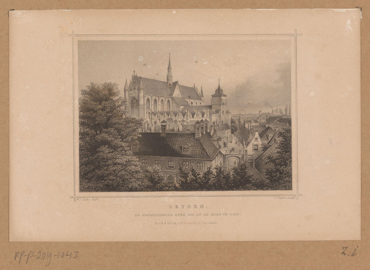 منظر لـ Hooglandse Kerk في ليدن يمكن رؤية Leyden ، De Hooglandsche kerk ، من البرغ (العنوان على الكائن) بواسطة يوهان غابرييل فريدريش بوبل