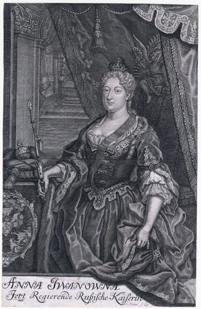 Anna Ivanovna est imperatrice de Russie du 30 janvier 1730 au 29 octobre 1740. - Portrait of Empress Anna Ioannovna (1693-1740) - Mentzel (Menzel), Johann Georg (1677-1743) - 1733 - Copper engraving - 32,3x20,6 - Private Collection بواسطة يوهان جورج مينزيل