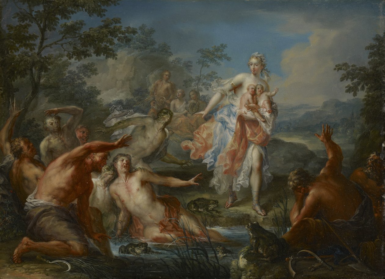 Latona يحول الفلاحين الليسيين إلى ضفادع ، حوالي عام 1730 (زيت على النحاس) بواسطة يوهان جورج بلاتزر