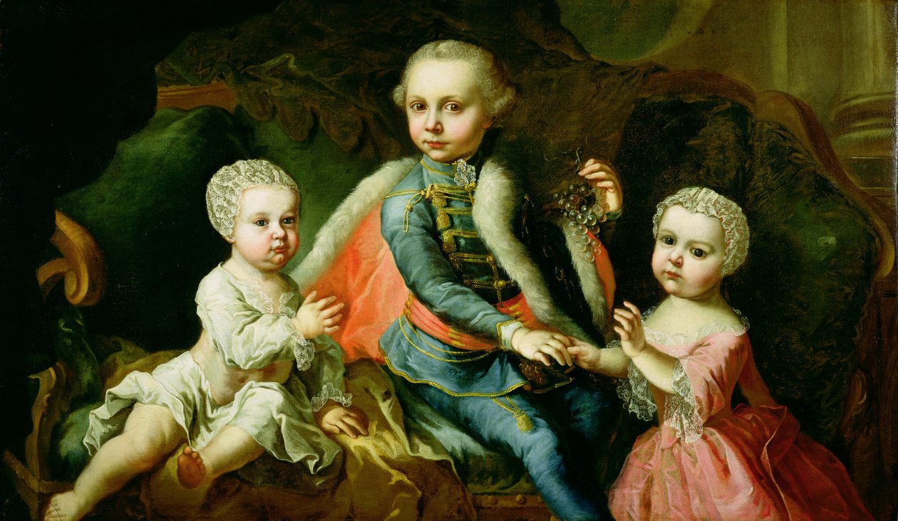 ثلاثة أطفال جالسين على أريكة ، يقال أنهم أعضاء في عائلة استرزي ، 1771 (زيت على قماش غير مبطن) بواسطة يوهان جورج ويكيرت