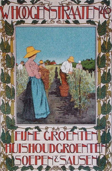 حصاد البازلاء ، ملصق إعلان "Whoogenstraaten & Co. ، موردو الخضار الفاخرة والحساء والصلصات" حوالي 1898-90 (لون ليثو) بواسطة يوهان جورج فان كاسبيل