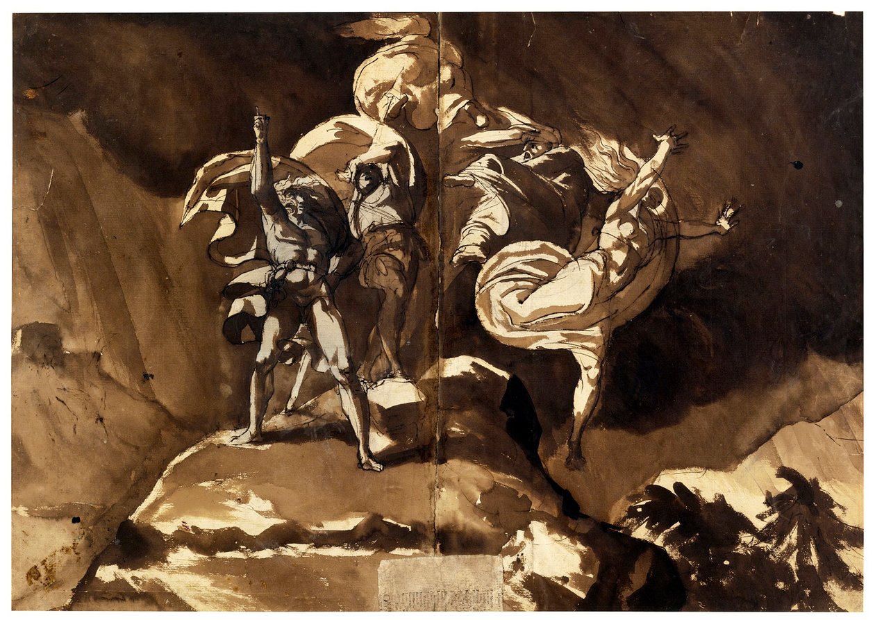 الساحرات العائمة فوق ماكبث وبانكو (Les sorcieres flottant au dessus de Macbeth et Banquo) - par Fussli (Fuseli) ، Johann Heinrich (1741-1825) ، - قلم ، فرشاة ، حبر بني هندي ، لون أبيض ، طباشير أسود على ورق 46.5x66.2 - مجموعة خاصة بواسطة يوهان هاينريش فوسلي