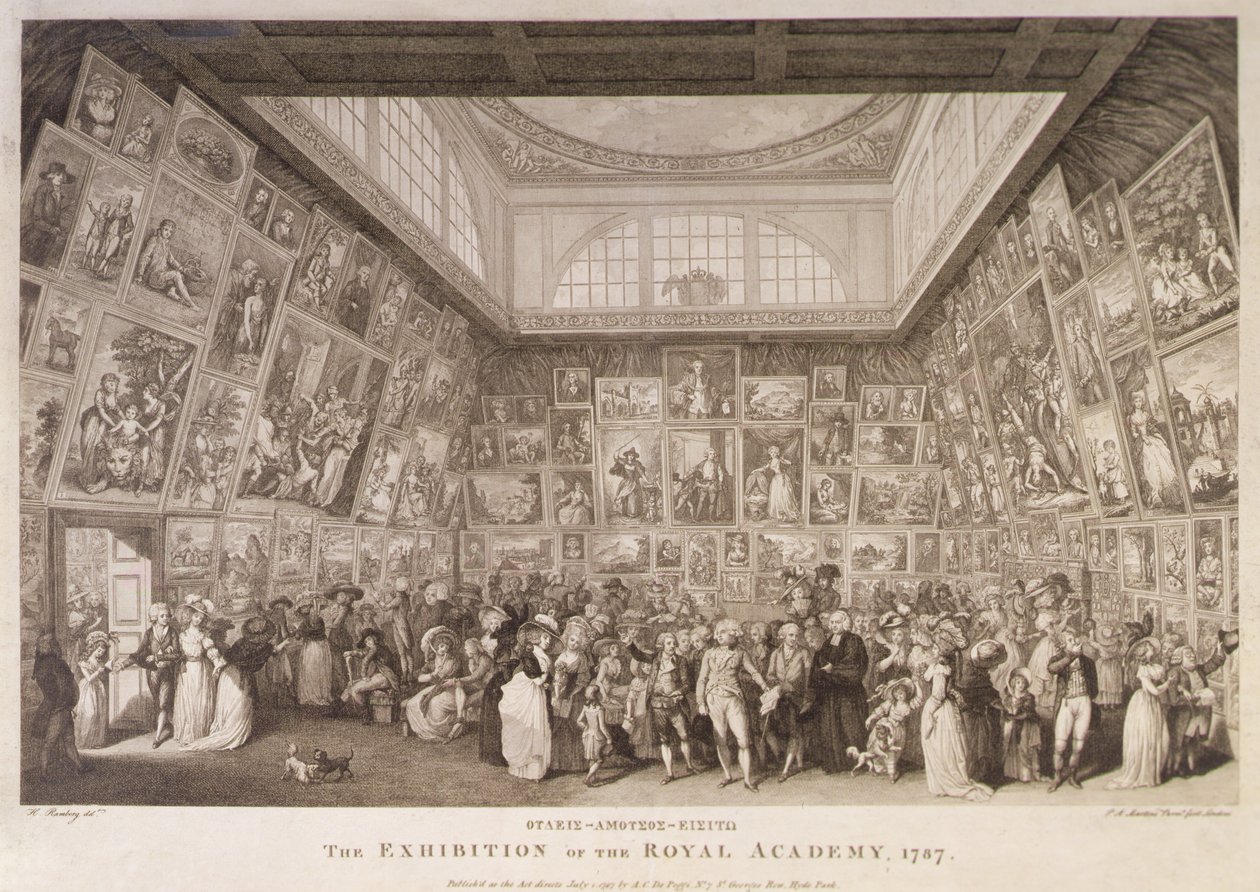 منظر داخلي لمنزل سومرست يظهر معرضًا للأكاديمية الملكية للفنون عام 1787 بواسطة يوهان هاينريش رامبرغ
