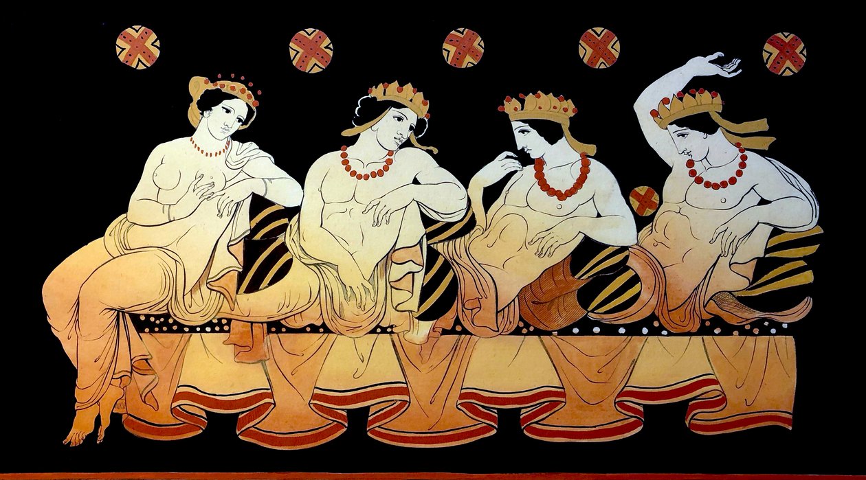 عاهرة تسلي ثلاثة رجال خلال وليمة حوالي عام 1796 (نقش على طبق من النحاس) بواسطة يوهان هاينريش فيلهلم تيشبين