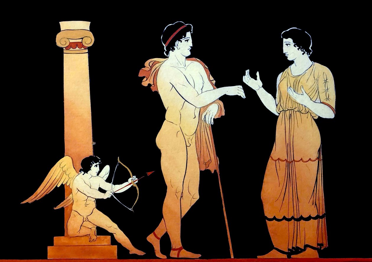 إيروس يصوب أحد سهامه على زوجين شابين يتحدثان حوالي عام 1796 (نقش على صفيحة نحاسية) بواسطة يوهان هاينريش فيلهلم تيشبين