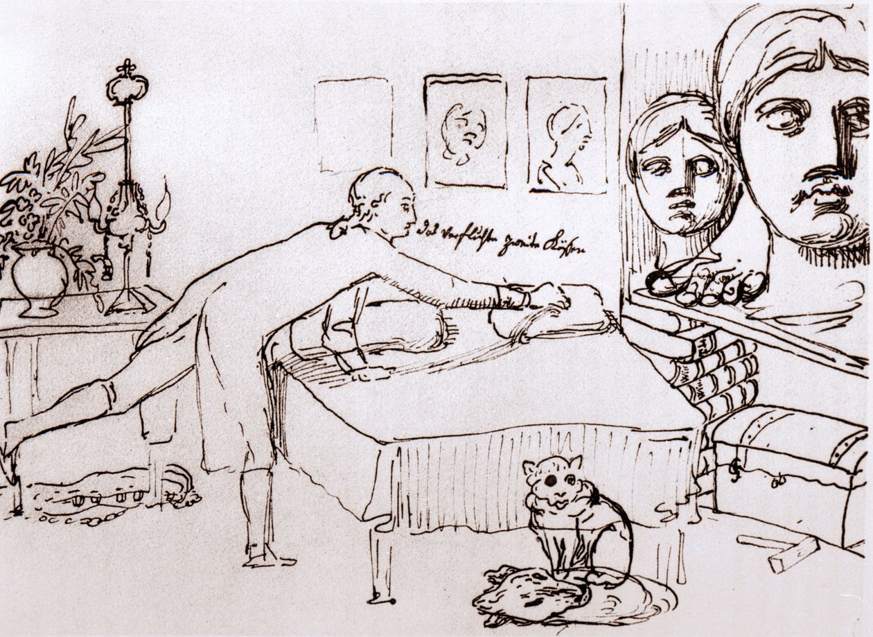 يوهان فولفغانغ فون غوته في منزله الواقع في شارع فيا ديل كورسو في روما. رسم يوهان هاينريش فيلهلم تيشباين (1751-1829) (يُطلق عليه أيضًا اسم Goethe-Tischbein أو Goethe Tischbein). القرن الثامن عشر. بواسطة يوهان هاينريش فيلهلم تيشبين