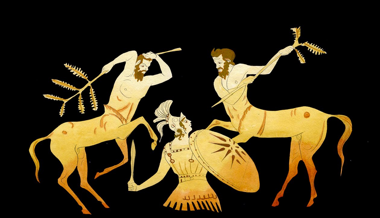 ثيسيوس يقاتل القنطور في زفاف بيريثوس إلى هيبوداميا ، c.1796 (النقش على النحاس) بواسطة يوهان هاينريش فيلهلم تيشبين