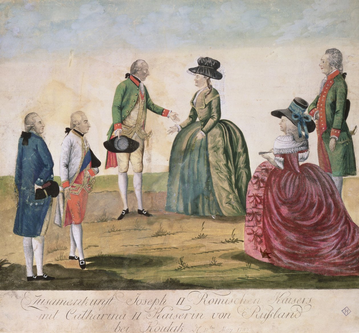 لقاء بين جوزيف الثاني من ألمانيا (1741-1790) والإمبراطورة كاثرين العظيمة (1729-1996) في كويداك ، 18 مايو 1787 (نقش ألواح نحاسية ملونة) بواسطة يوهان هيرونيموس لويشينكوهل