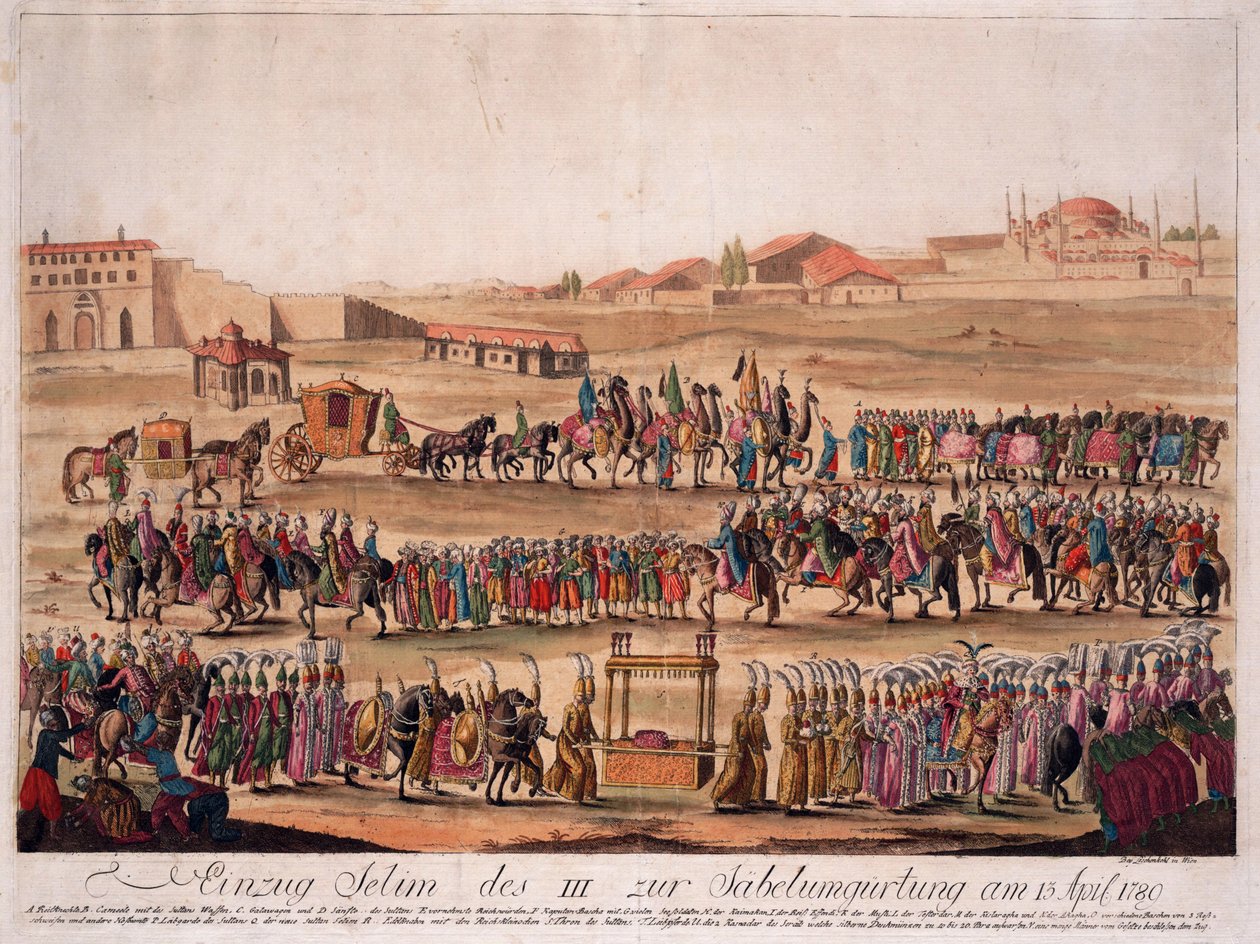 دخول السلطان سليم الثالث (1761-1808) إلى Girding the Sabre في 13 أبريل 1789 - Loeschenkohl ، Johann Hieronymus (1753-1807) - 1789 - حفر ، ألوان مائية - 38.6x50.2 - مجموعة خاصة بواسطة يوهان هيرونيموس لويشينكوهل