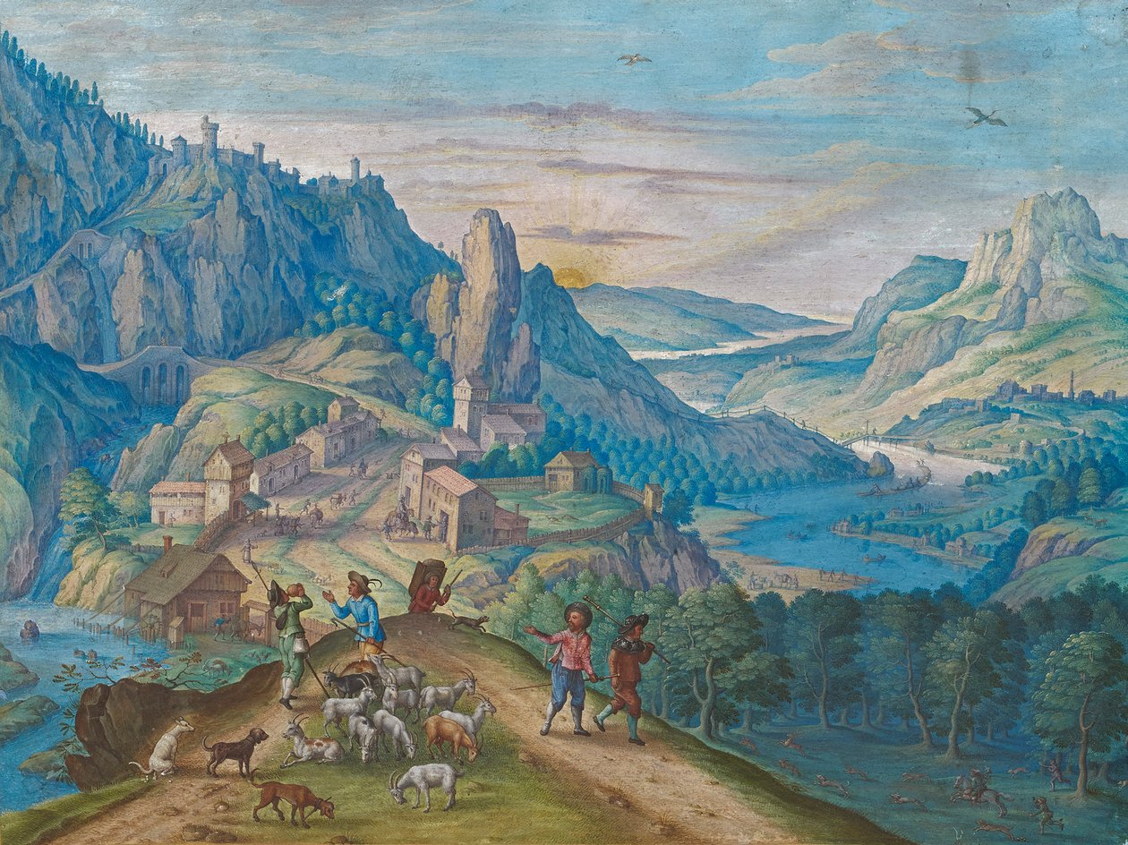 منظر طبيعي للجبال عند حلول الظلام مع وادي نهر وأشكال ، 1640. بواسطة يوهان يعقوب بيسيرر