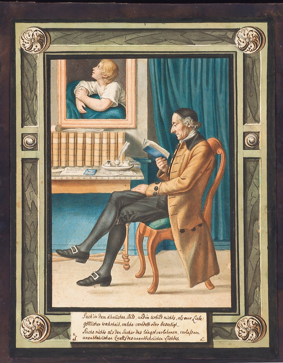 صورة يوهان كاسبار لافاتير (1741-1801) ، في صورة جانبية إلى اليسار ، جالسًا ويقرأ كتابًا (ألوان مائية فوق نقش) بواسطة يوهان جاكوب ليبس