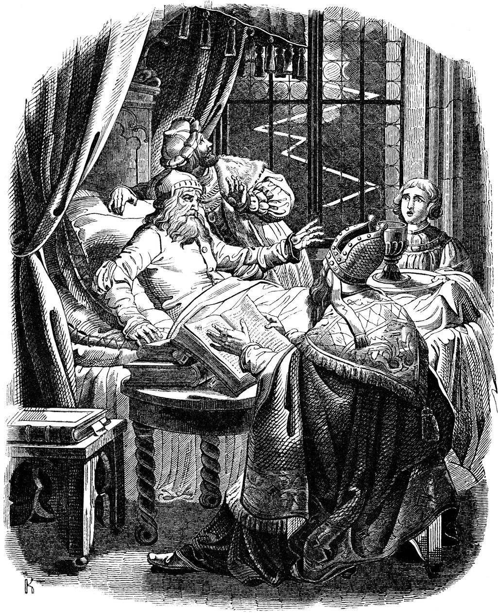 هنري الأسد قبل وفاته في برونزويك رسم توضيحي من تاريخ الشعب الألماني بقلم إي دولر ، 1840 بواسطة يوهان جاكوب كيرشوف