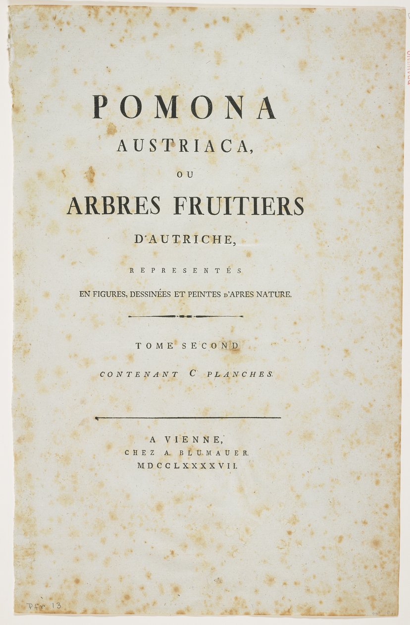 صفحة العنوان من "بومونا أوسترياكا ، أو أشجار الفاكهة النمساوية" ، 1787-96 (طباعة) بواسطة يوهان كرافت