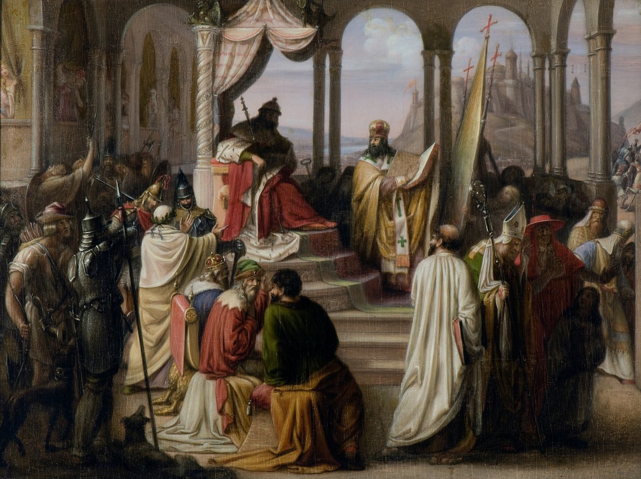 الأمير فلاديمير يختار دينًا عام 988 نزاعًا دينيًا في المحكمة الروسية ، 1822 بواسطة يوهان ليبريخت إيجينك