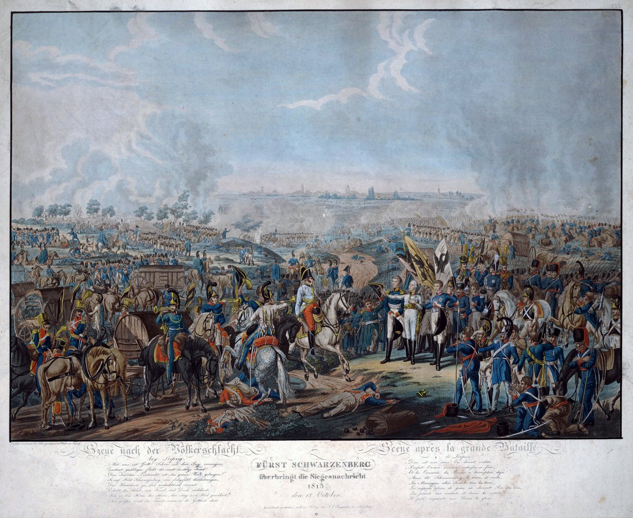 معركة لايبزيغ (معركة الأمم) ، في أكتوبر 1813. أعلن المشير النمساوي شوارزنبرج (1771-1820) انتصار الحلفاء في معركة لايبزيغ للإمبراطور الجرماني فرانسوا الثاني (= فرانسوا الأول ملك النمسا ؛ 1768 - 1835) ، في تزا بواسطة يوهان لورينز روجينداس