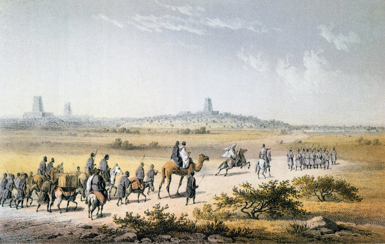 مدخل قافلة هاينريش بارث (1821-65) إلى تمبكتو في عام 1853 ، من `` رحلات واكتشافات في شمال ووسط أفريقيا &39;&39; بواسطة بارث ، نقشها إبرهارد إيمينجر (1808-1885) نشر عام 1857 (كولو بواسطة يوهان مارتن بيرناتس