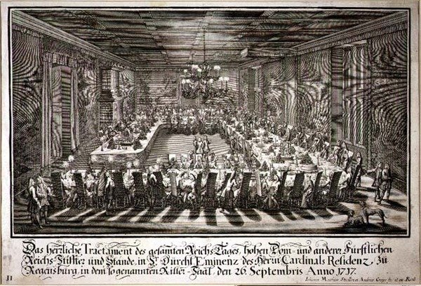 مأدبة في قاعة الملك في قصر كاردينال ريغنسبورغ ، 26 سبتمبر 1717 (نقش) بواسطة يوهان ماتياس وجير أندرياس ستيدلين