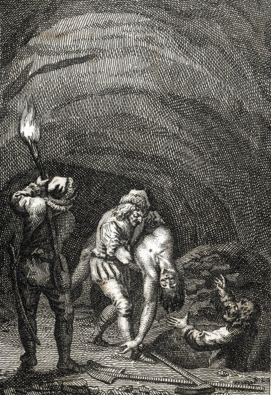 مقتل ويليام الثاني ملك هولندا على يد الفريزيين ، الذين دفنوه سراً تحت أرضية منزل نقش بقلم يوهان مايكل ميتنليتر (1765-1853) 1800 مجموعة خاصة بواسطة يوهان مايكل ميتنليتر