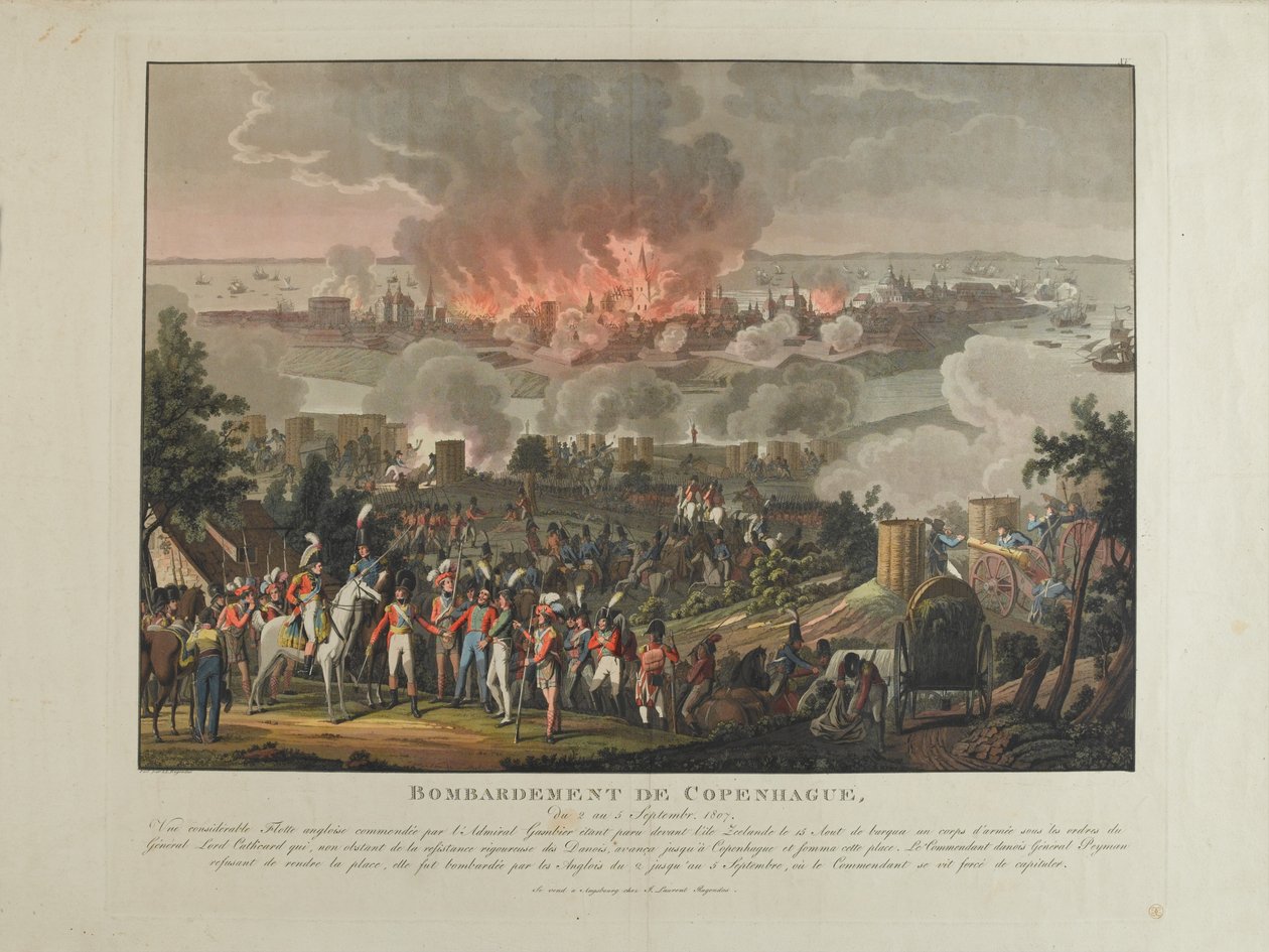 قصف كوبنهاغن ، 2 - 5 سبتمبر 1807 ، لون مائي ملون من قبل وبعد J. Laurent Rugendas ، نشره J. Laurent Rugendas ، Augsburg ، 1807 بواسطة يوهان موريتز روجينداس