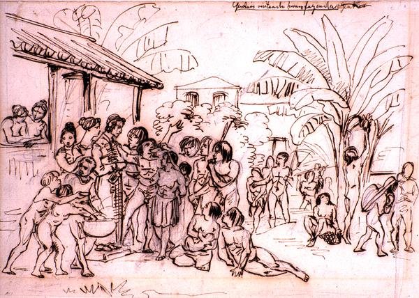 الهنود يزورون عقارًا ، البرازيل ، حوالي عام 1825 (قلم حبر وحبر بني على قلم رصاص) بواسطة يوهان موريتز روجينداس